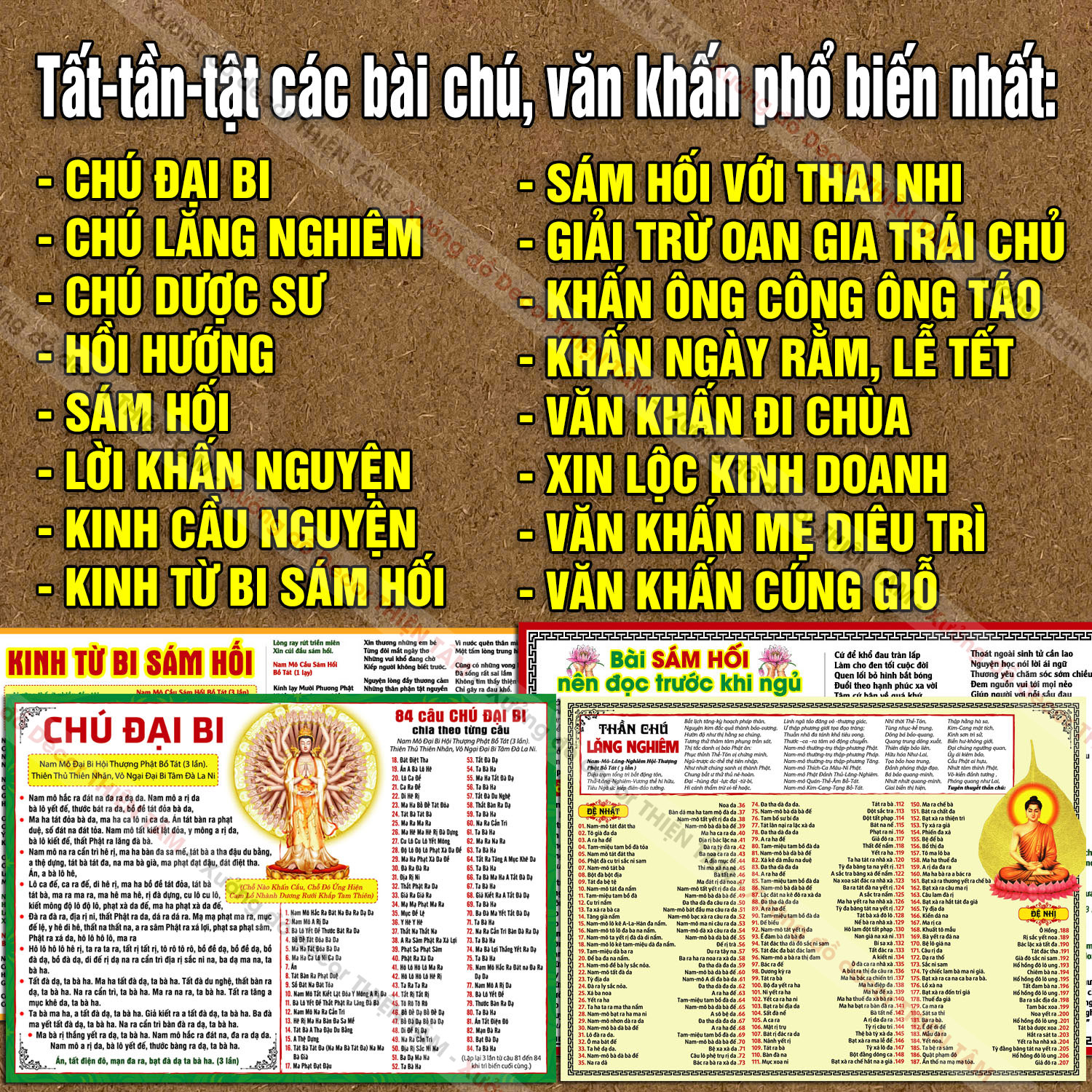 Tổng hợp các Tờ Chú Phật Giáo (chú lăng nghiêm, đại bi, sám hối..) in 2 mặt bằng giấy couche 250 dày, cán nilong bền đẹp