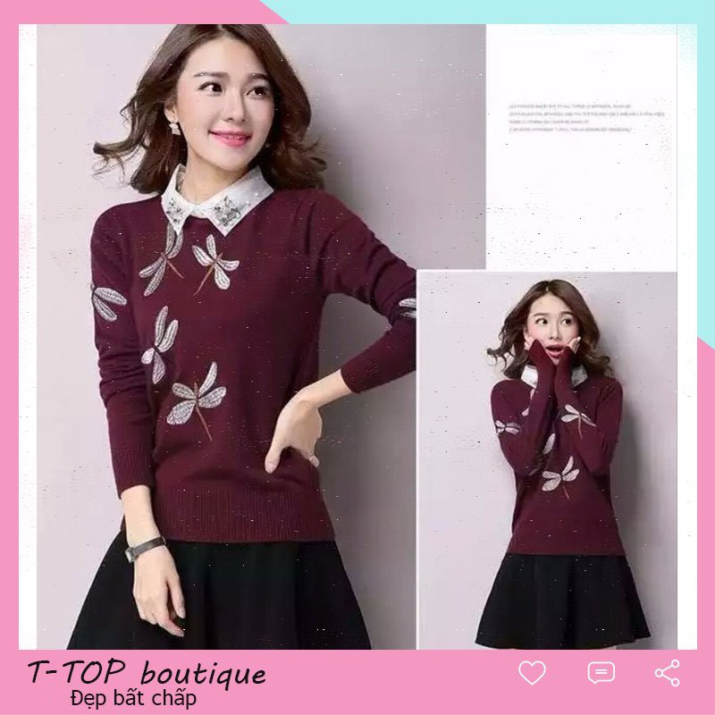 ÁO LEN NỮ THÊU TAY CỔ ĐÍNH NGỌC SANG TRỌNG CAO CẤP