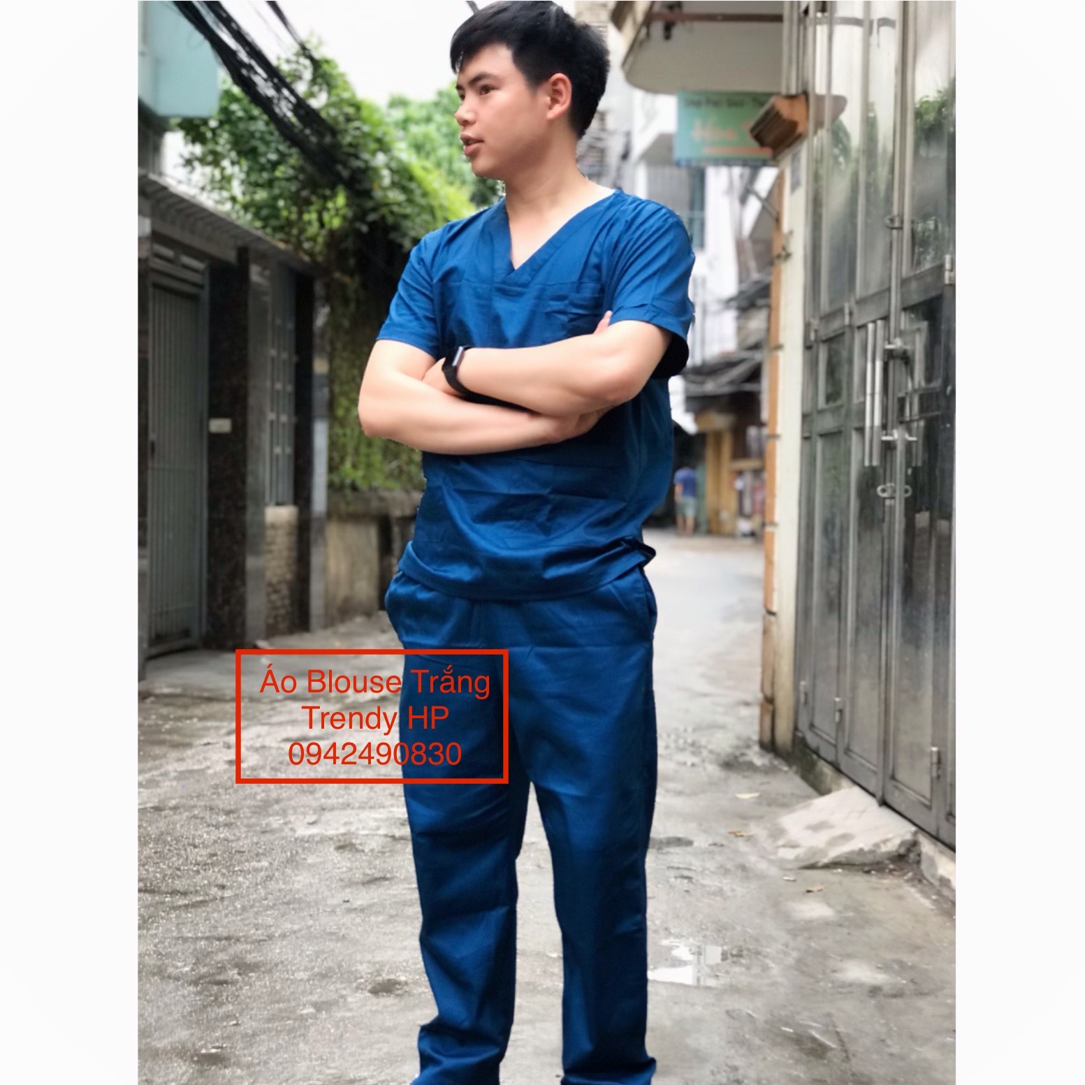 Bộ scrubs - bộ quần áo blouse kỹ thuật viên nam cao cấp màu xanh Navy cho bác sĩ, y tá, thẩm mỹ viện