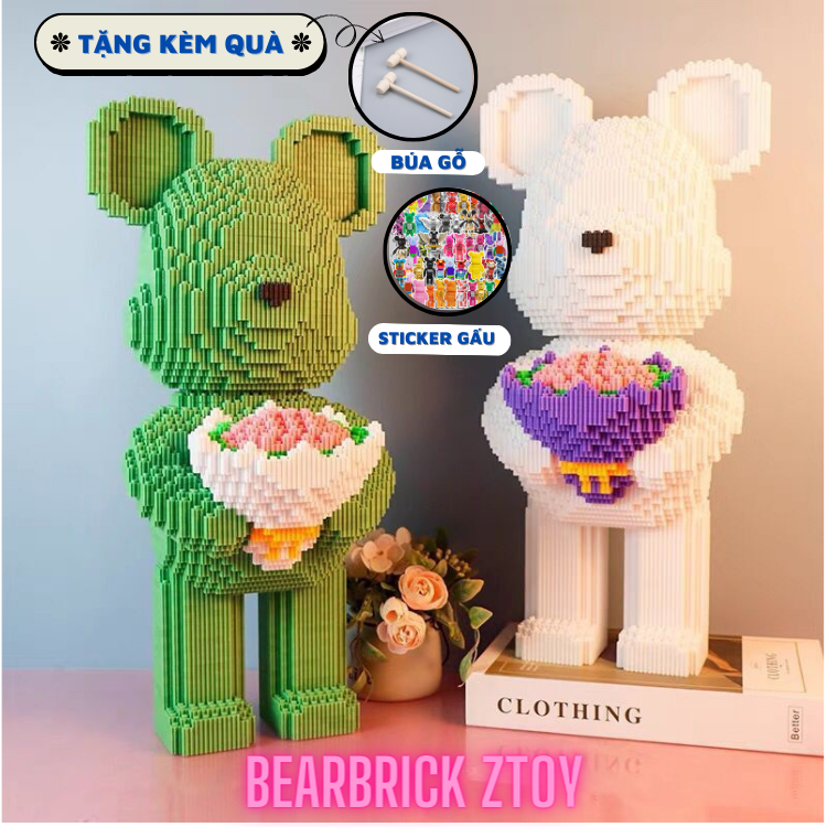 Lego 3D Bearbrick cao 48cm Gấu Cầm Hoa Bộ Đồ Chơi Lắp Ráp Mô Hình Gấu Và Hoa Hồng Cho Trẻ Em