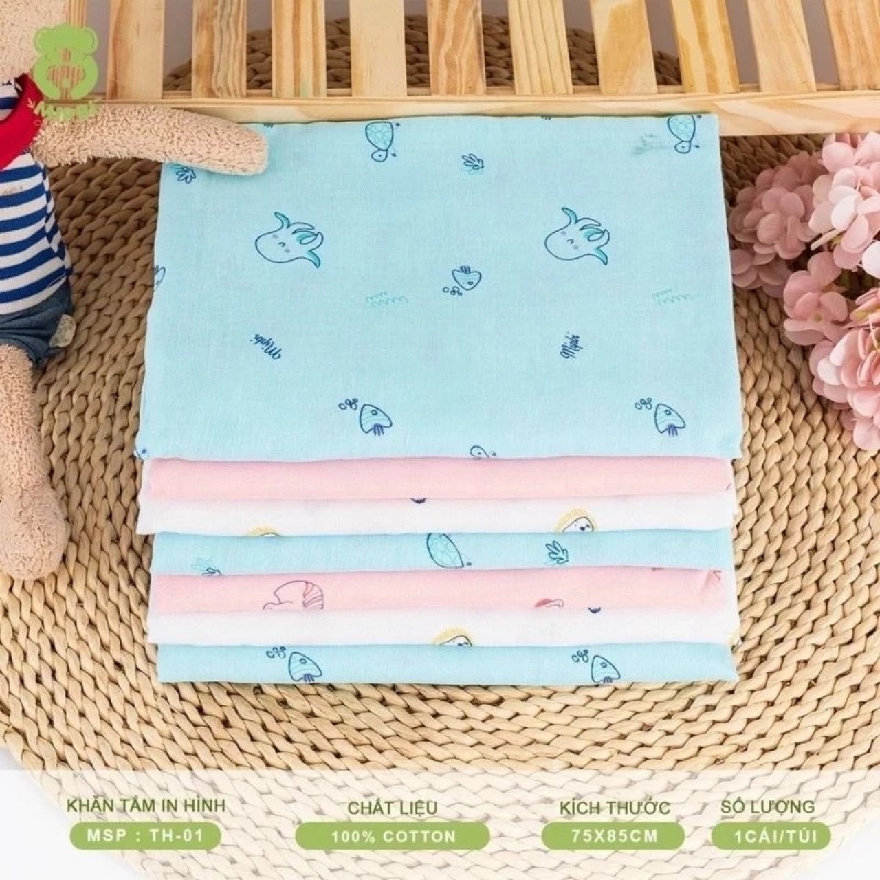 MIPBI Khăn tắm in hình 4 lớp 100% cotton tự nhiên 75x85cm cho bé