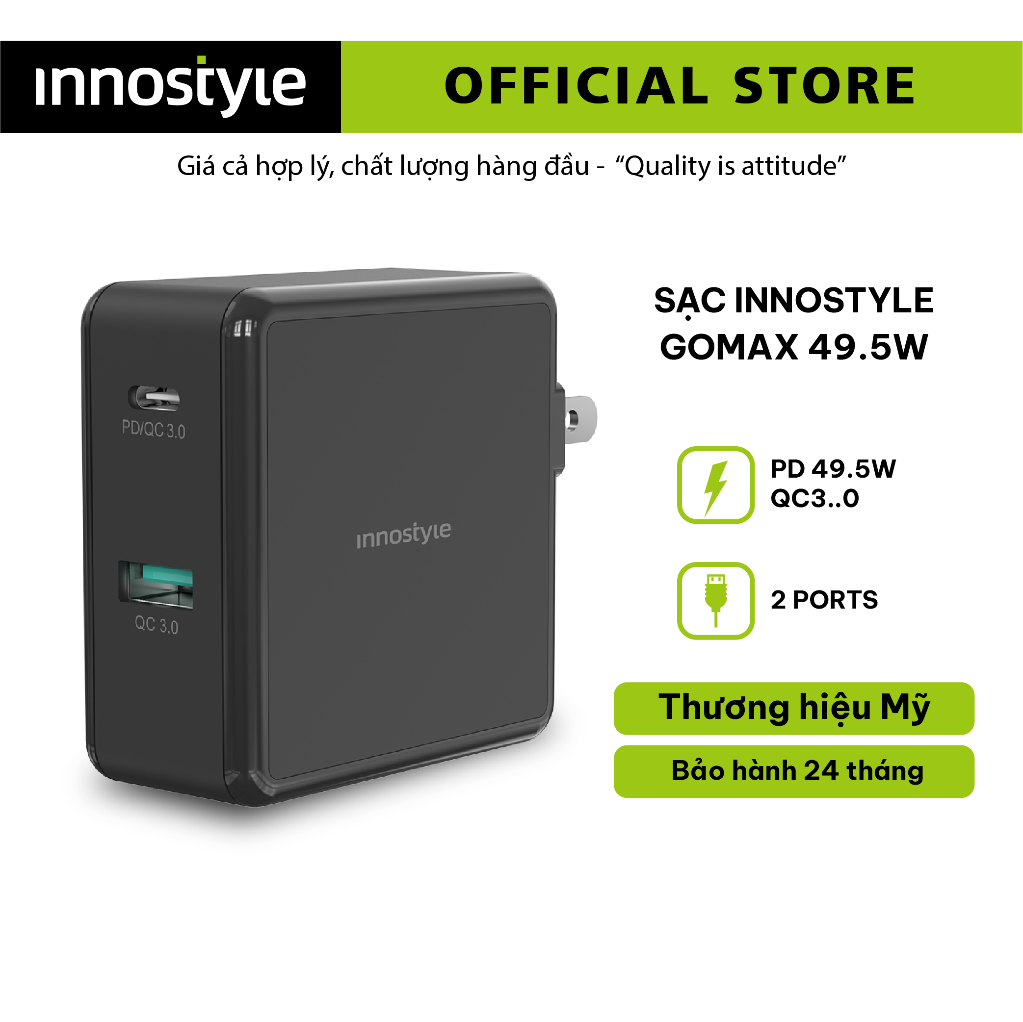 Củ Sạc Nhanh INNOSTYLE GOMAX 49.5W Công Nghê Thông Minh QC3.0 Thiết Kế Nhở Gọn Tiện Lợi An Toàn Sạc Được 2 Thiết Bị Cùng Lúc
