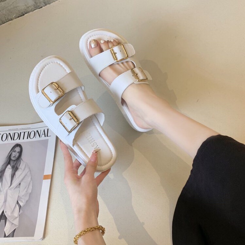 Có sẵn Sandal 2 quai khóa vuông đế siêu nhẹ 3cm, sandal nữ đi học- dép bánh mì siêu nhẹ