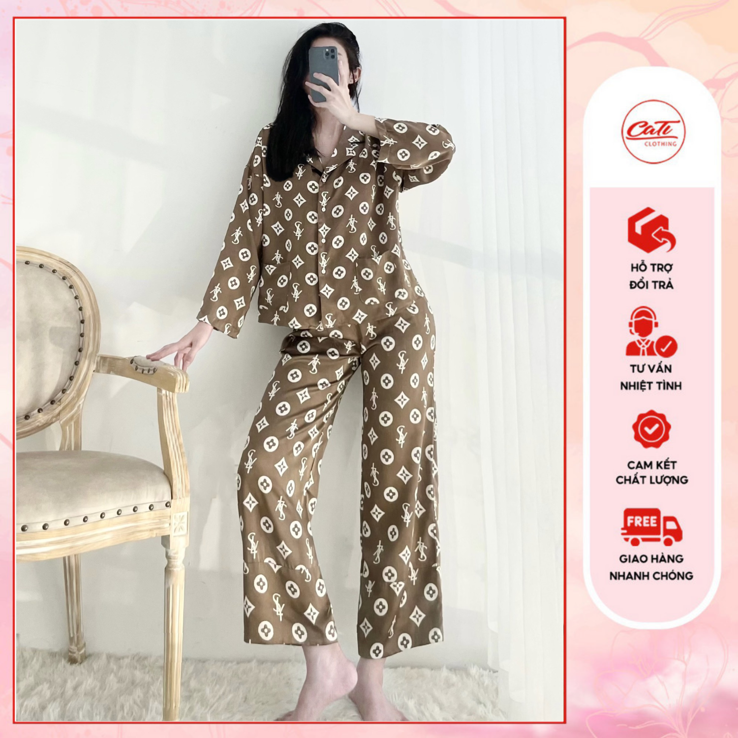 Cati bộ pijama 3 màu họa tiết sang chảnh