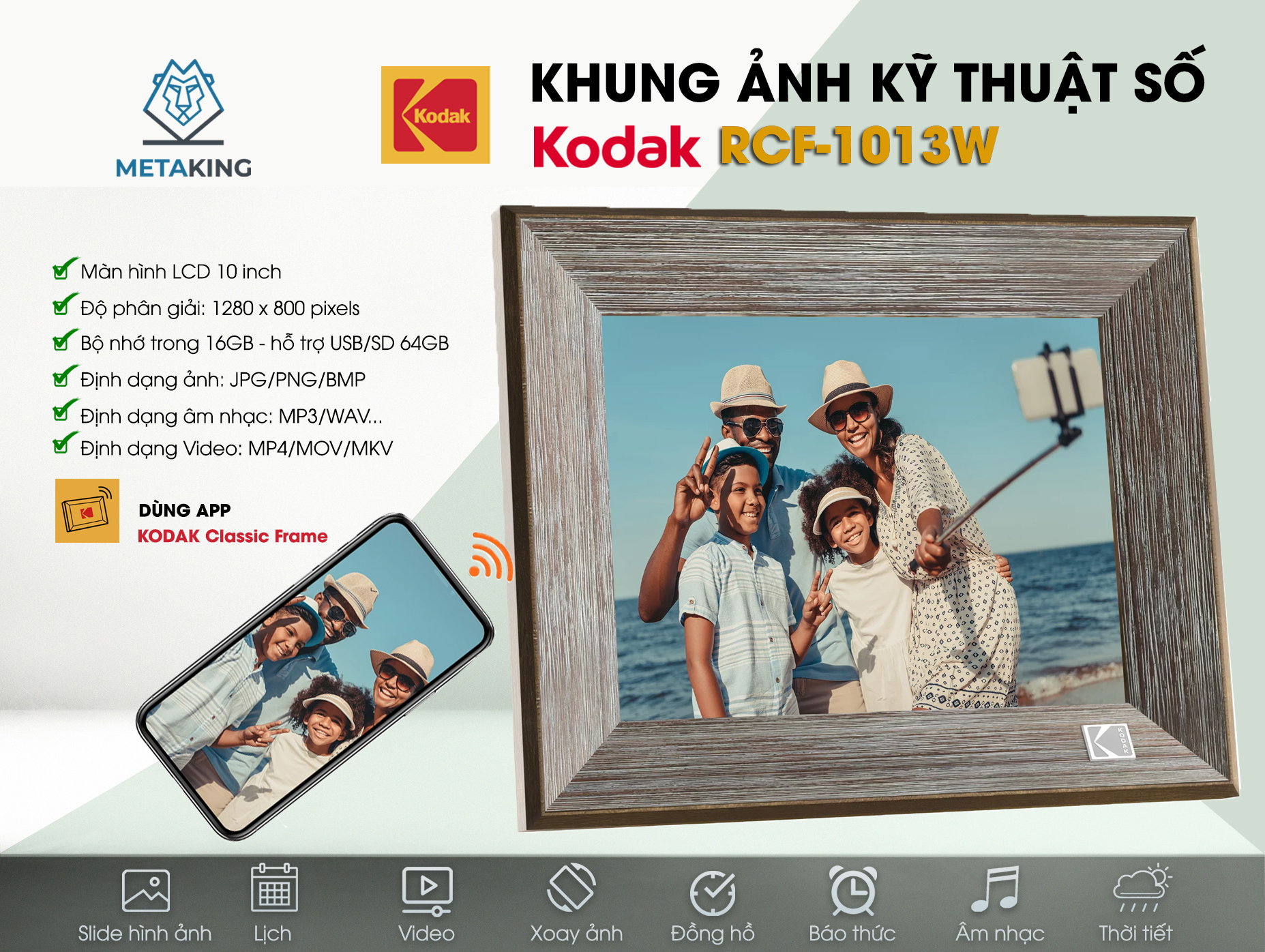 Khung tranh chuyển động kỹ thuật số Wifi Kodak RCF-1013W, màn hình 10 inch, độ phân giải 1280x800 pixels