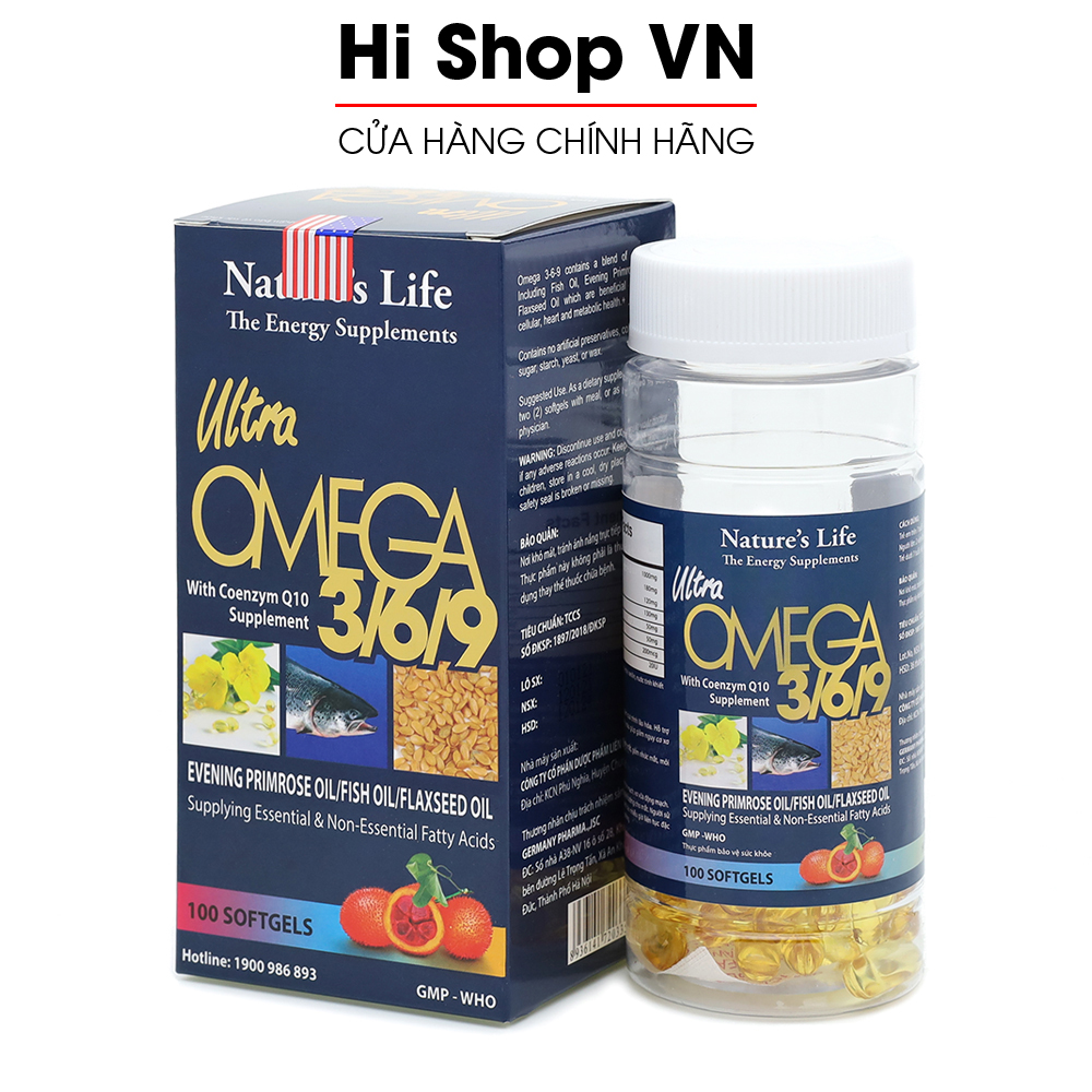 Viên dầu cá Omega 3 6 9 Nature Life Bổ não sáng mắt khỏe mạnh tim mạch tăng cường trí nhớ - Hộp 100 viên thành phần dầu gấc dầu cá 1000mg EPA 180mg DHA 120mg