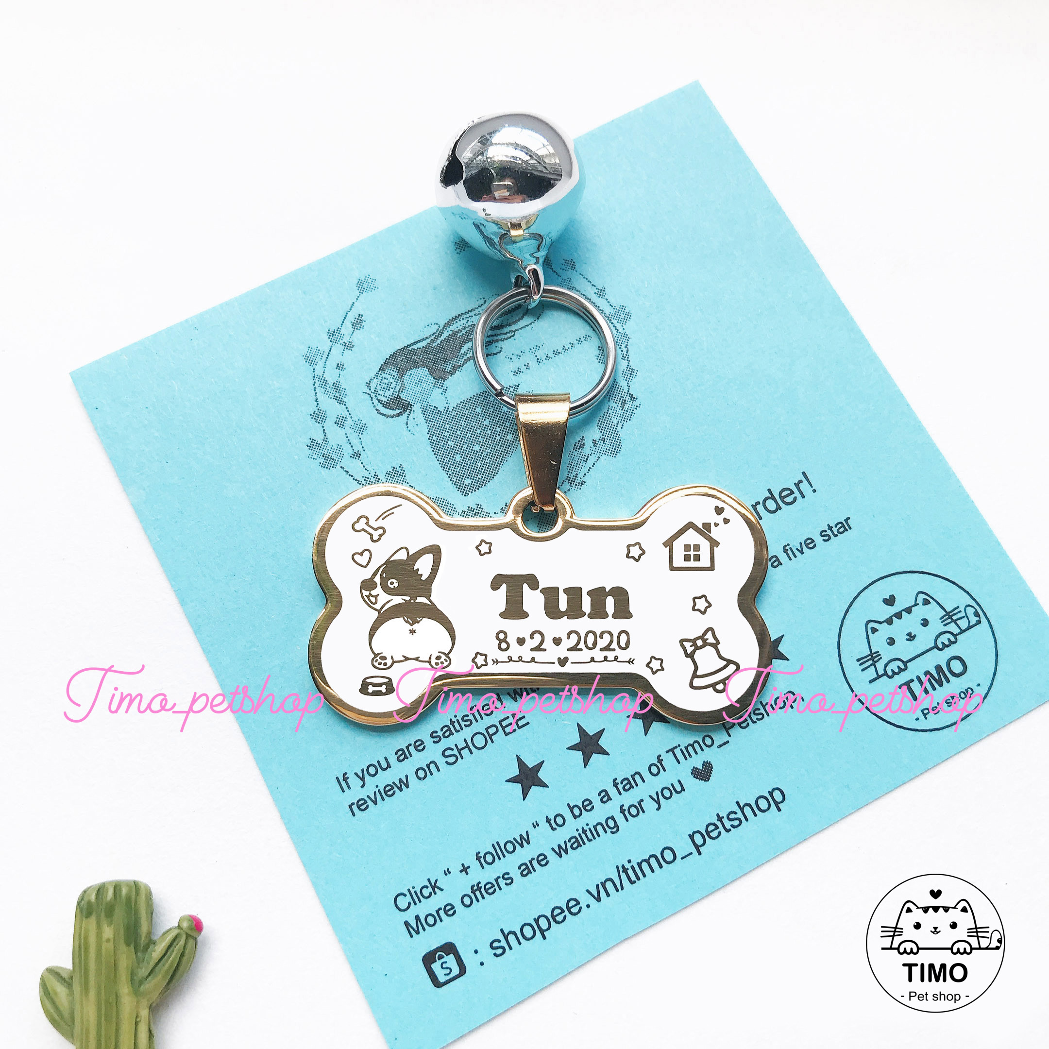 Thẻ tên Thú cưng - Inox chữ vàng (Tặng kèm chuông)