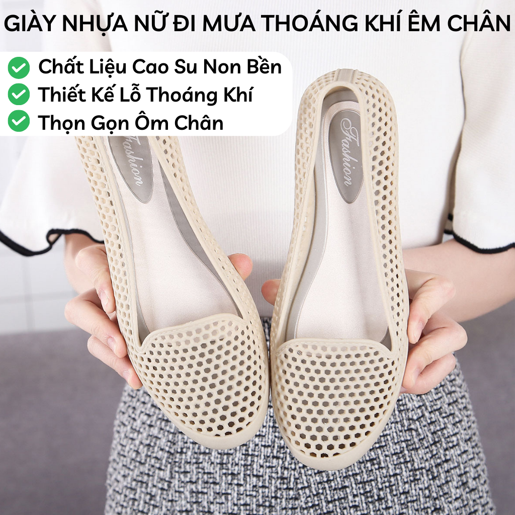 Giày nhựa đi mưa mũi tròn giày lười nữ kiểu lỗ thoáng khí giày búp bê siêu nhẹ - GN16