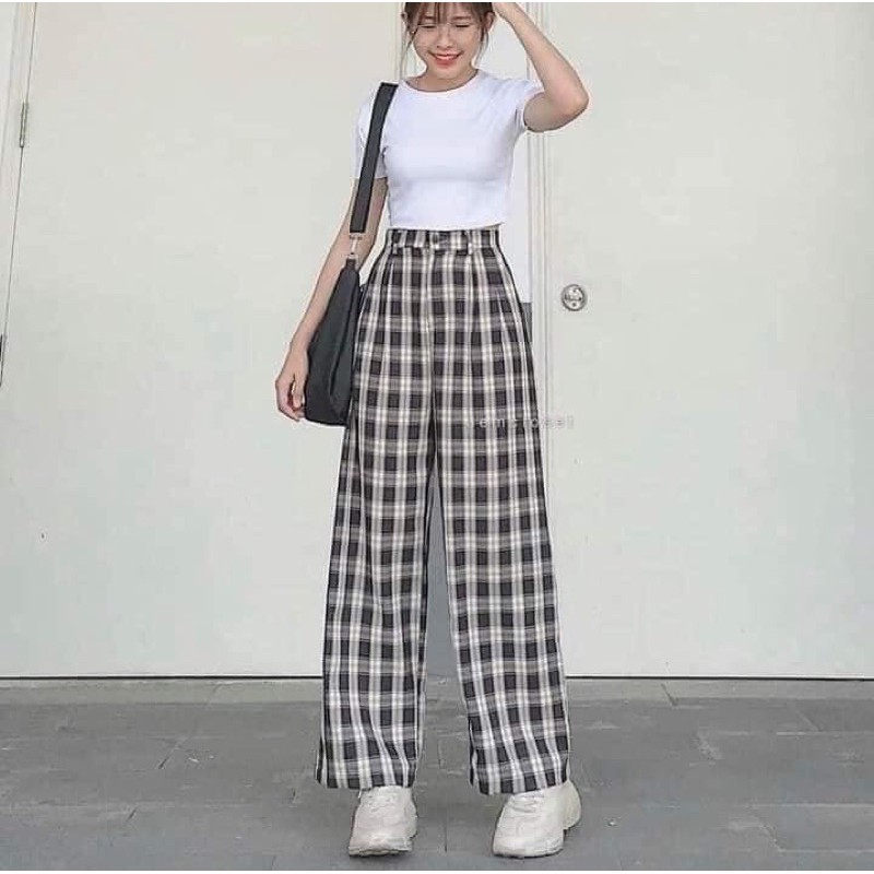 Quần kẻ caro ống rộng dáng dài cạp cao SIÊU HOT