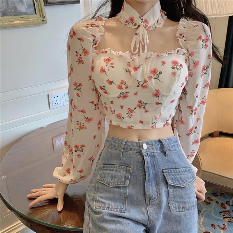 Áo croptop tay dài hoa vải voan kiểu trễ vai ôm body