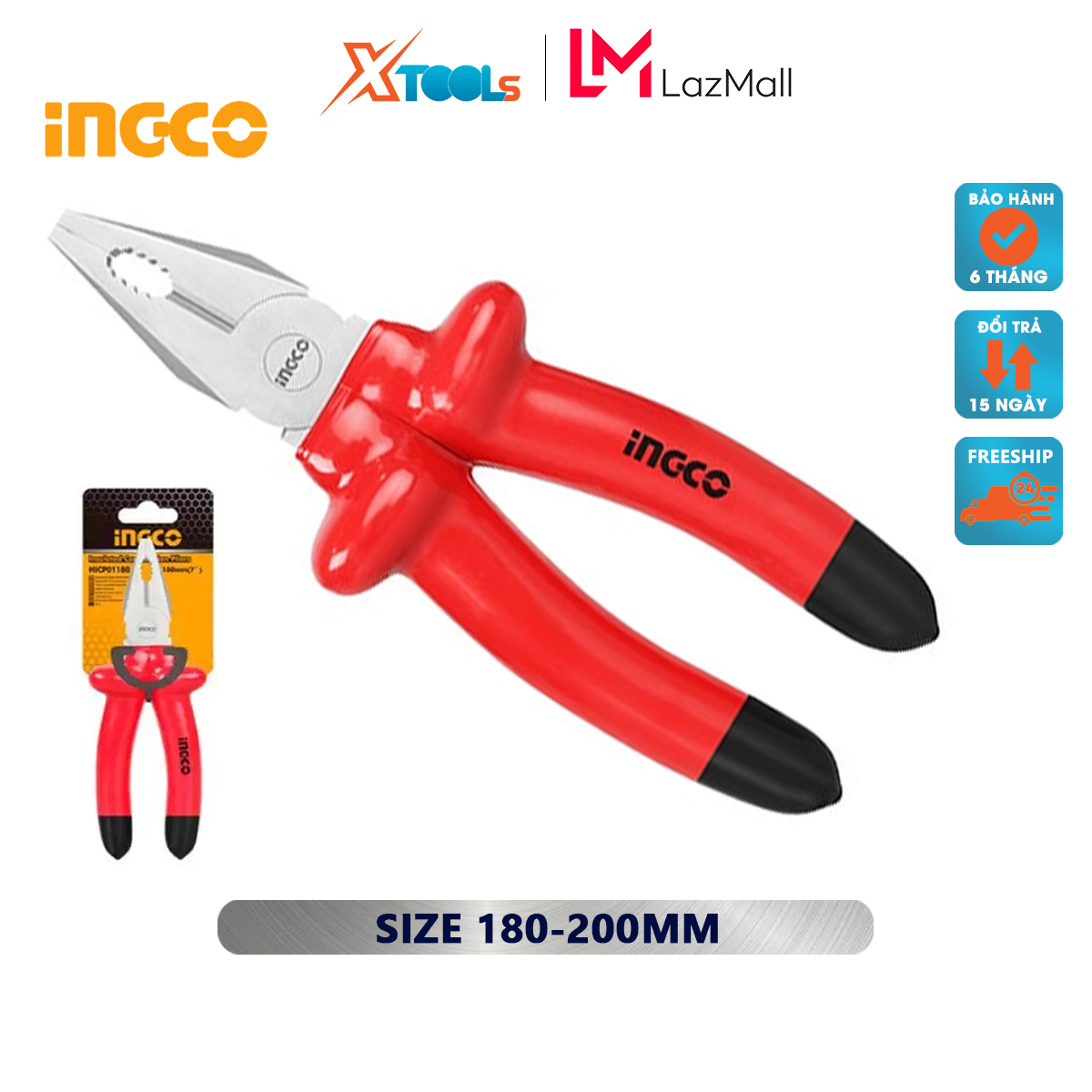 Kìm răng cách điện INGCO | kềm cách điện Kích thước 7 inch/180mm - 8 inch/200mm Tay cầm bọc nhựa chuyên dụng và cách điện 1000V- 36/T cắt, kẹp, tuốt các loại dây cáp, dây điện, dây kim loại [CHÍNH HÃNG][XTOOLs]