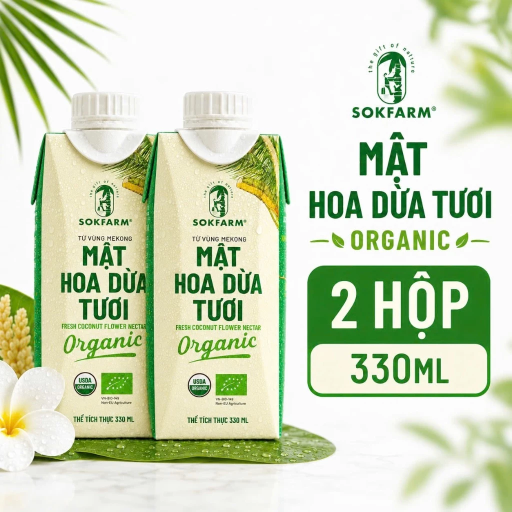 Mật hoa dừa tươi Organic Sokfarm 330ml [Combo 6 Hộp Giấy/1 thùng] Tiệt Trùng UHT Bù Khoáng Điện Giải