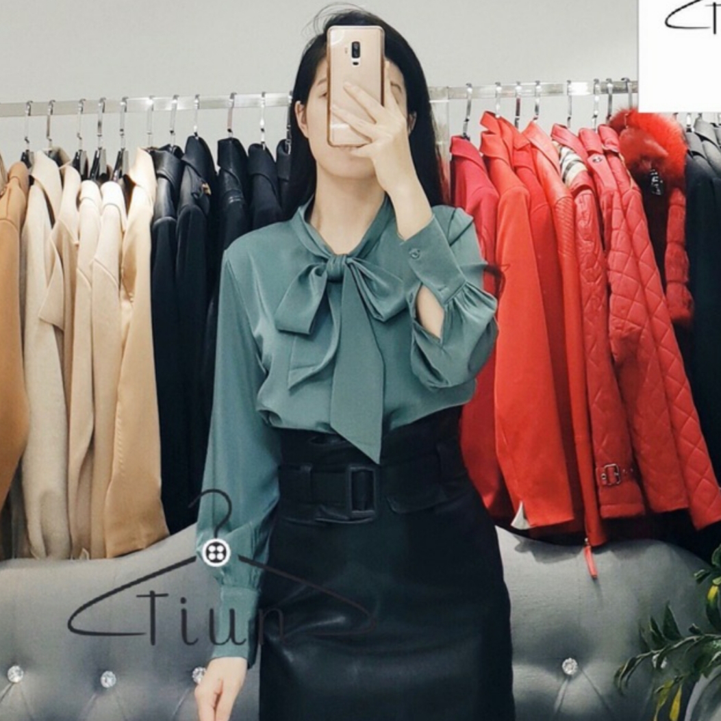 [HCM]Áo sơ mi nữ cổ nơ màu xanh cao cấp
