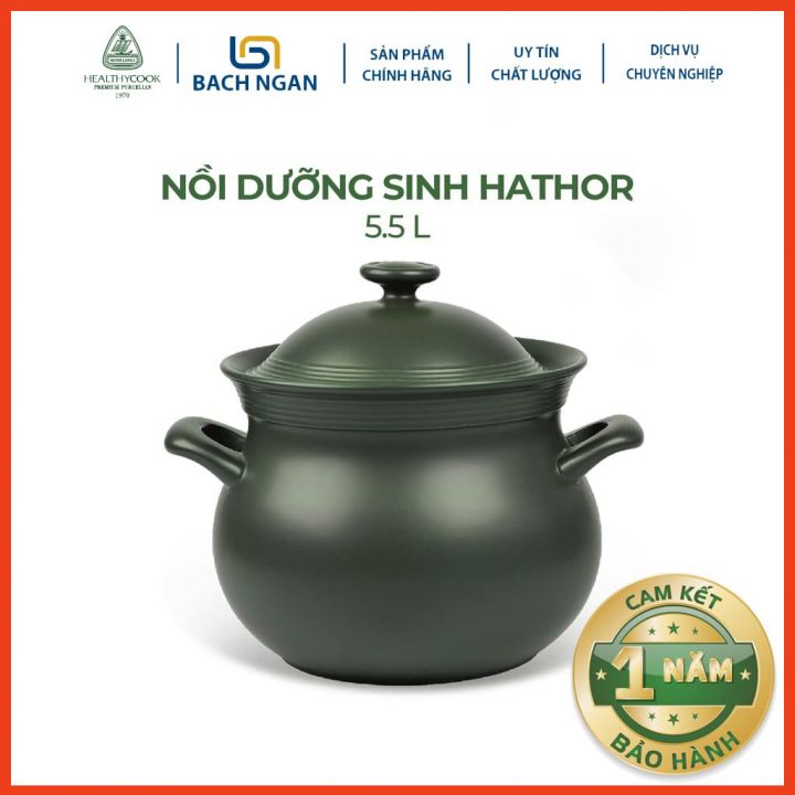 Nồi Sứ Dưỡng Sinh Minh Long Hathor 5.5 L dùng Bếp Ga, Hồng Ngoại có nắp đậy, tráng men màu sứ xanh rêu, có thể kho cá, hầm cháo, luộc gà - nồi đất
