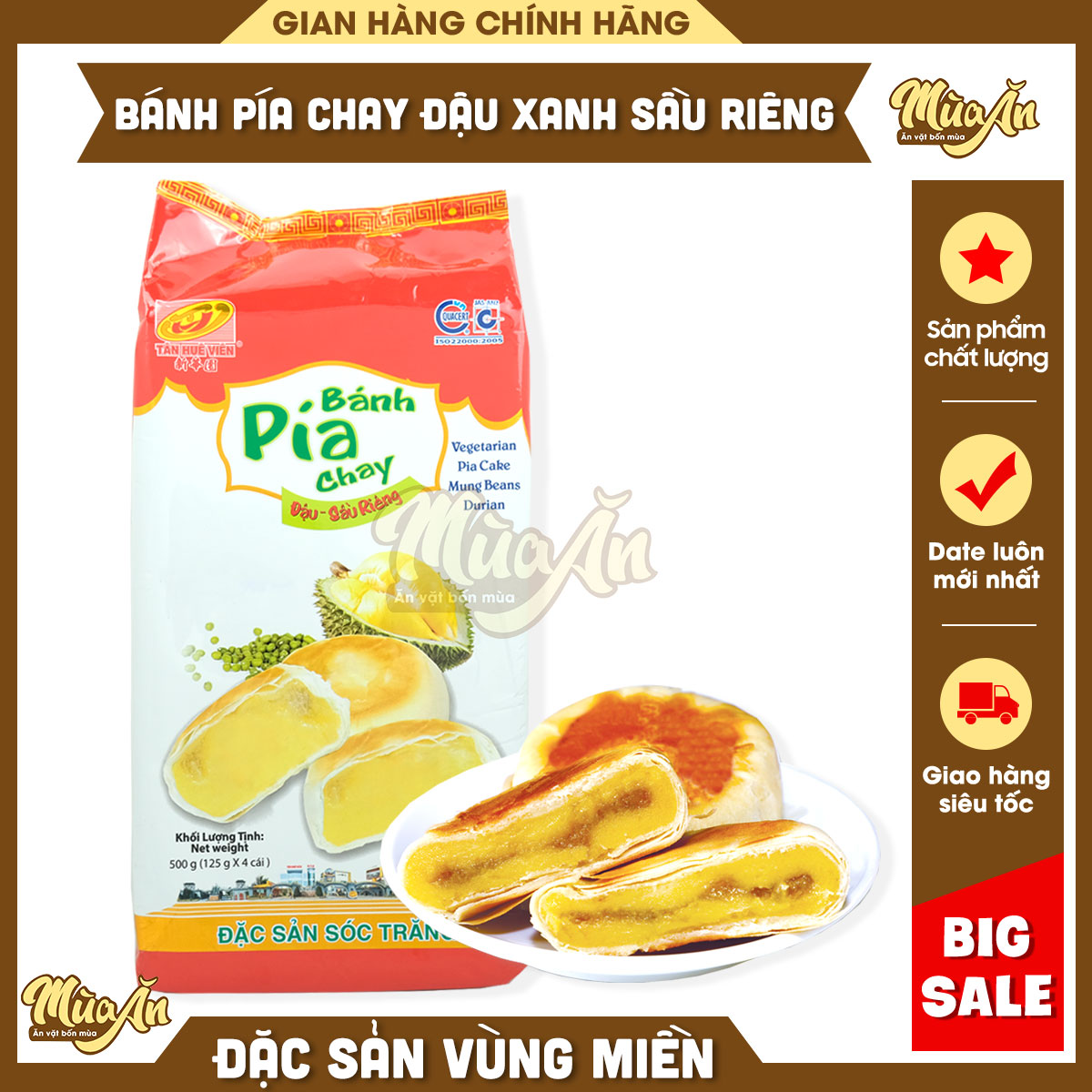 Bánh pía chay đậu xanh sầu riêng 500g, Bánh pía không trứng 4 bánh lớn Tân Huê Viên, Bánh pía Sóc Trăng