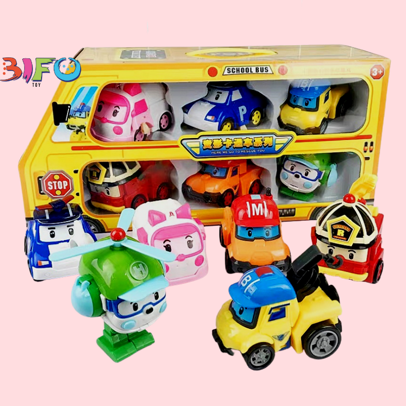Hộp đồ chơi 6 xe lắp ráp biến hình 2 trong 1 biệt đội Robocar Poli cực chất biến đổi 2 trong 1