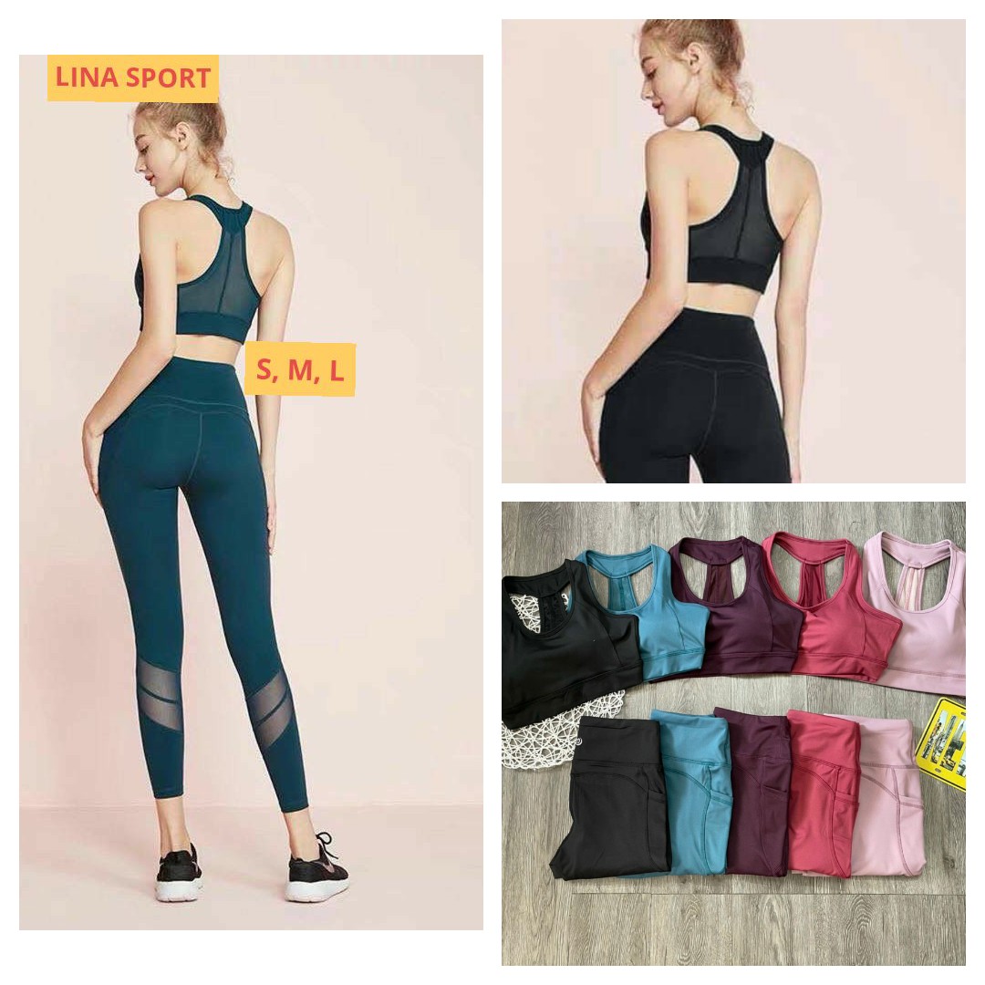 Bộ thể thao tập gym yoga erobic phối lưới, đơn giản mà tôn dáng, thun mềm co giãn mạnh - Lina sport