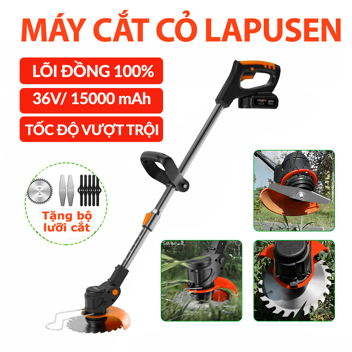 Máy cắt cỏ pin cầm tay, máy tỉa cành lapusen 02 pin bảo hành 12 tháng lõi đồng