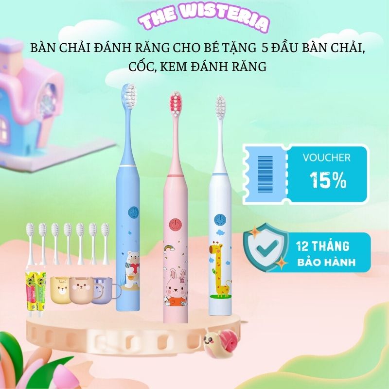 Bàn chải đánh răng cho bé 5 chế độ đa năng cao cấp - bàn chải điện cho bé tự động mềm mại làm trắng răng cho trẻ tặng 5 đầu bàn chải điện cốc và kem đánh răng - bàn chải đánh răng trẻ em