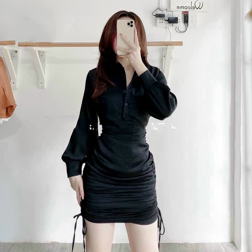 Đầm sơ mi rút dây tay dài cá tính