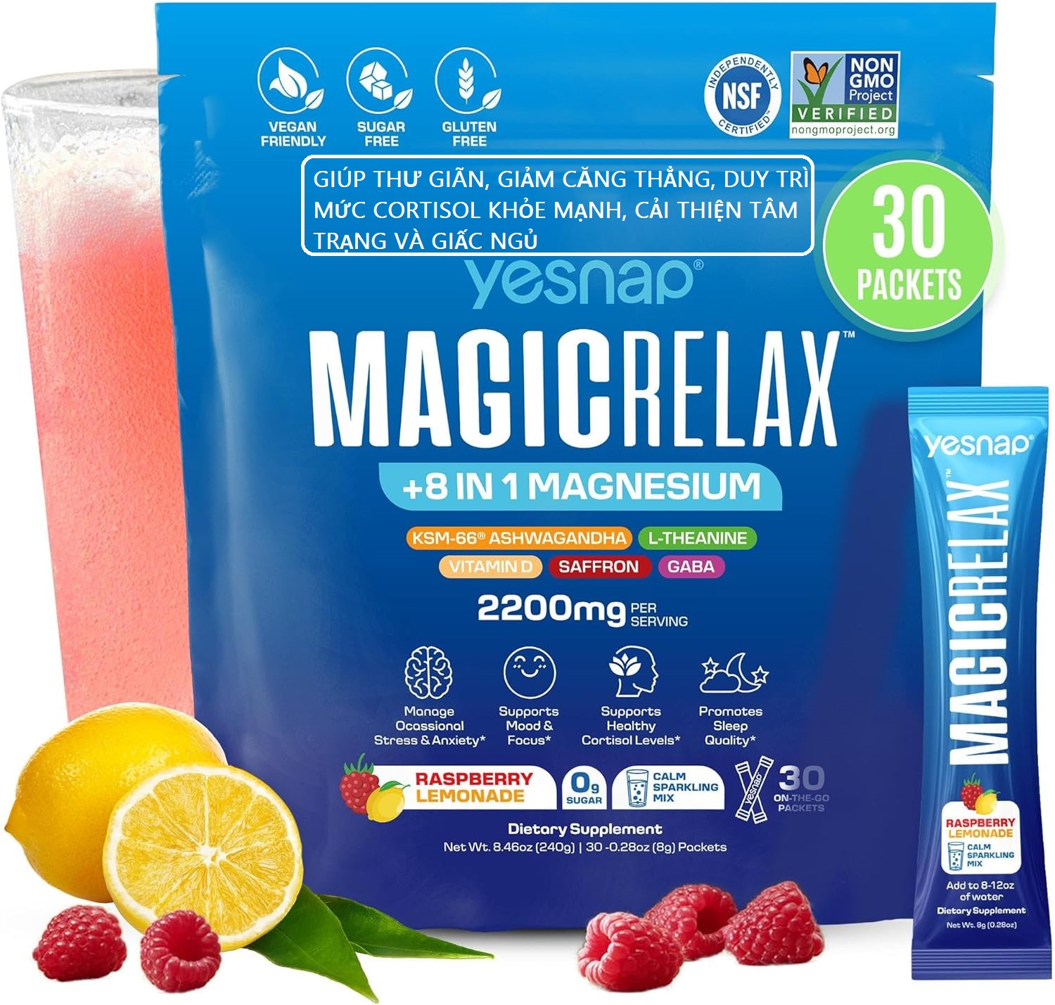 Bột pha NSF YESNAP MAGICRELAX 240g với Sâm và Nghệ Tây giúp thư giãn, giảm căng thẳng, cải thiện tâm trạng và giấc ngủ của Mỹ