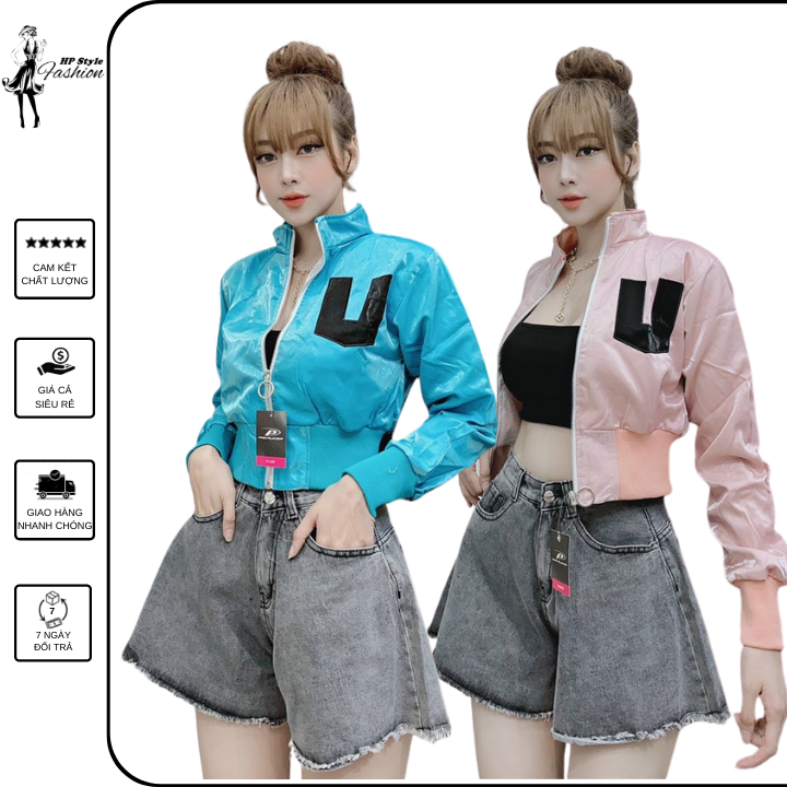 Áo khoác bomber nữ lửng chất phi xà cừ bóng phối chữ dễ thương