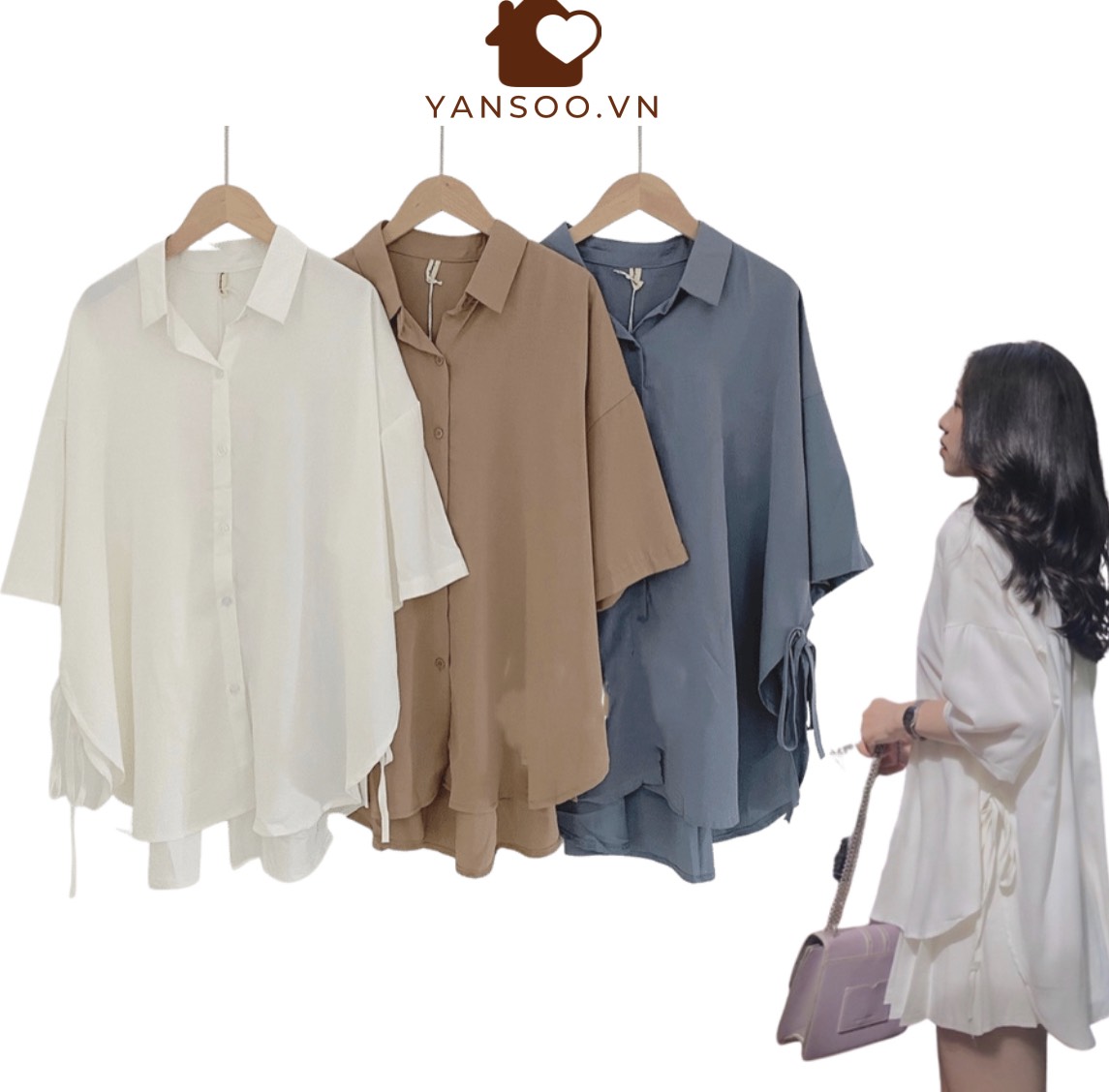 Áo somi trắng from rộng vạt bầu kèm nơ buộc sườn basic phong cách Hàn Quốc YANSOO
