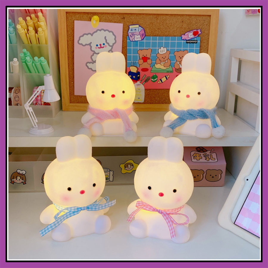 Đèn ngủ mini không dây hình chú thỏ đeo nơ cute siêu dễ thương, decor phòng ngủ, tặng kèm pin