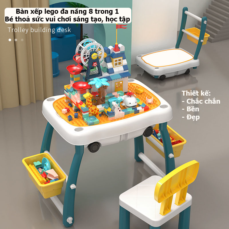 Bàn xếp hình lego đa năng 8 trong 1, lắp thành xe chở hàng chịu lực cho bé vui chơi sáng tạo