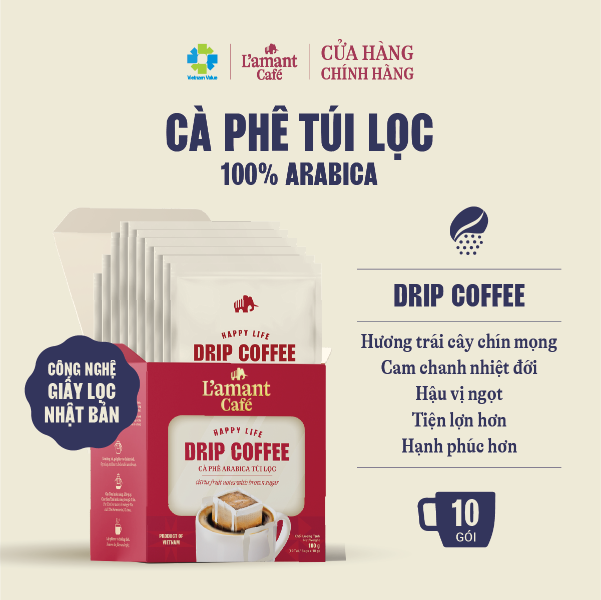 [MỚI] Cà Phê 100% Arabica Túi Lọc – Drip Coffee Hương Vị Trái Cây Chín Mọng – Hộp 10 gói – L’amant Happy Life