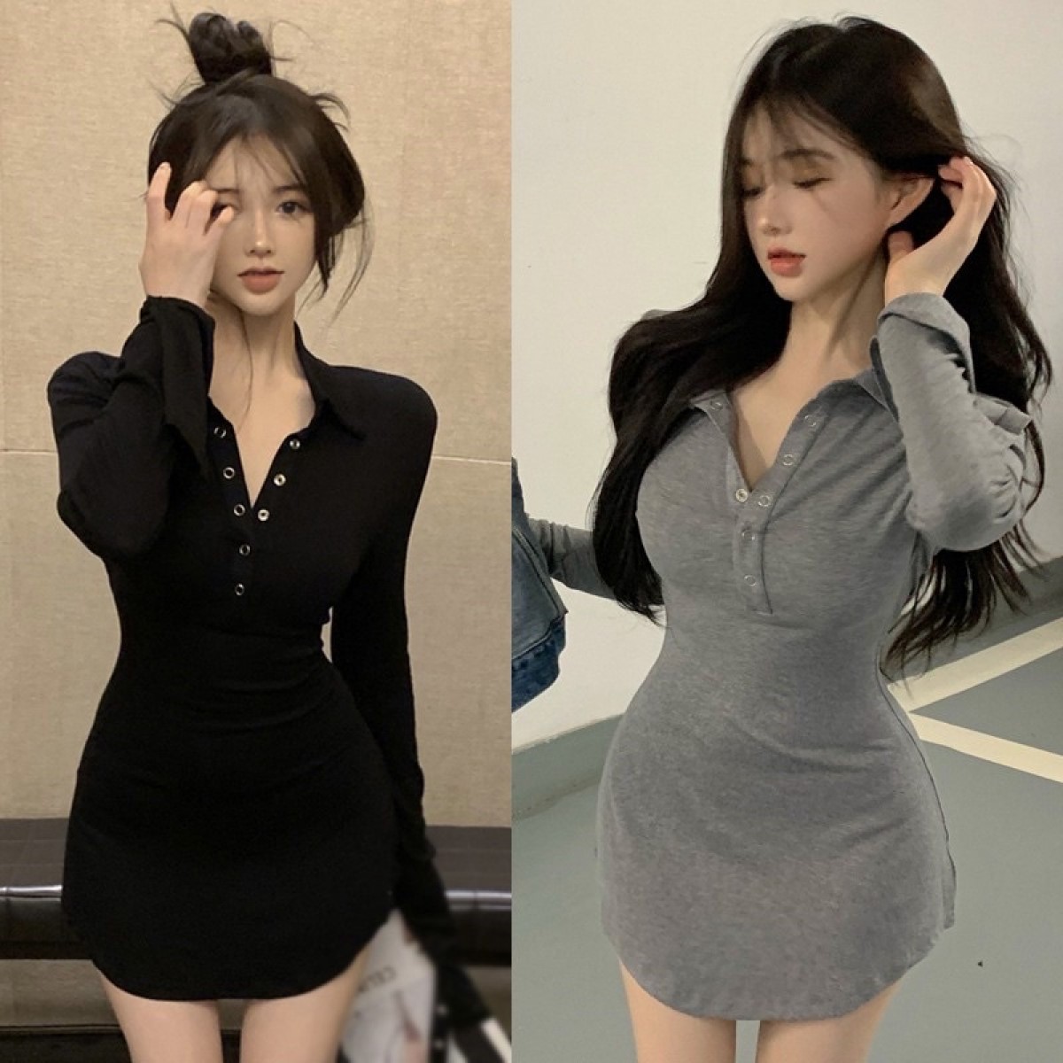 Đầm ôm body cổ bẻ chất borip phối nút