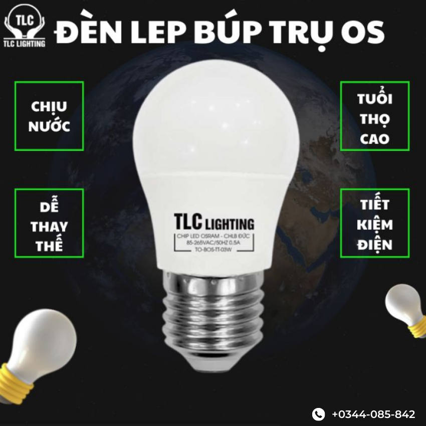 Đèn LED Búp BOS TLC 3W, 6W, 8W, 10W, 13W ,Tuổi Thọ Cao, Tiết Kiệm Điện