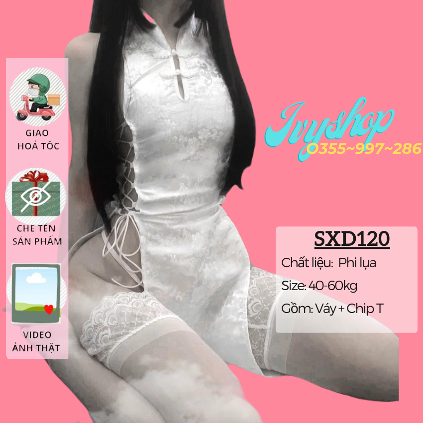 Bộ đồ ngủ cosplay sexy cô gái thượng hải, Sườn xám dáng dài đan dây 2 bên hông siêu gợi cảm - Mã SXD120