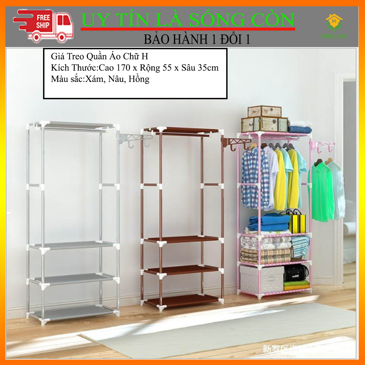 Giá treo quần áo usachi chữ h , kệ treo quần áo ,tủ treo quần áo chữ h 4 tầng 3 ngăn đa năng usachi, giàn phơi quần áo chữ h tiện dụng