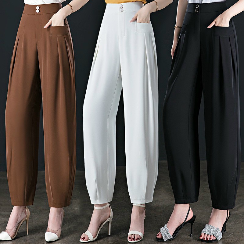 Quần baggy bo gấu khoá kéo chất ruby xịn, quần Harem cạp cao xếp nếp bloomers mới, quần Tây ống rộng lưng cao bo gấu