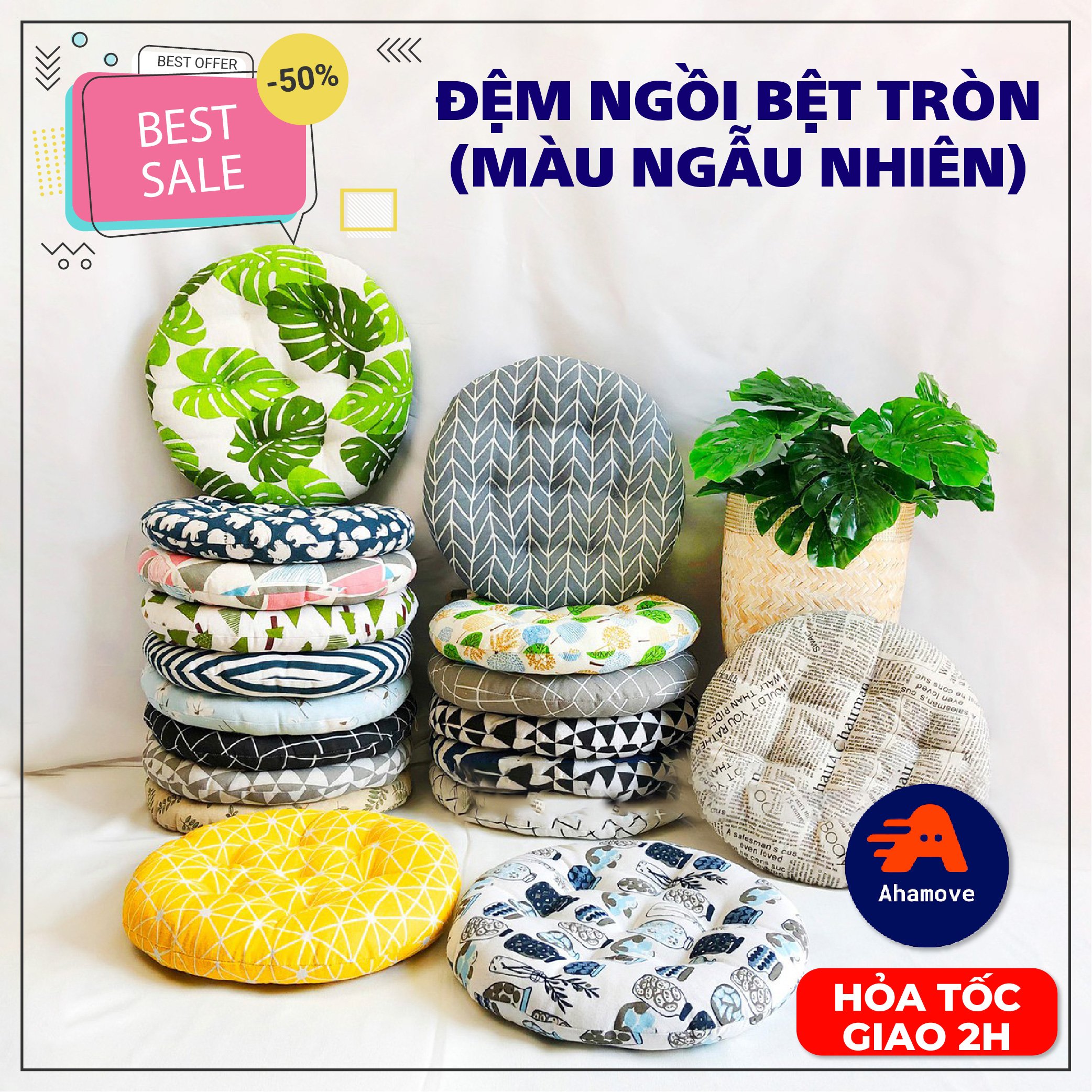 Đệm ghế, đệm ngồi bệt tròn, đệm ngồi kiểu nhật, đệm ngồi thiền, gối tựa hình tròn nhiều họa tiết.