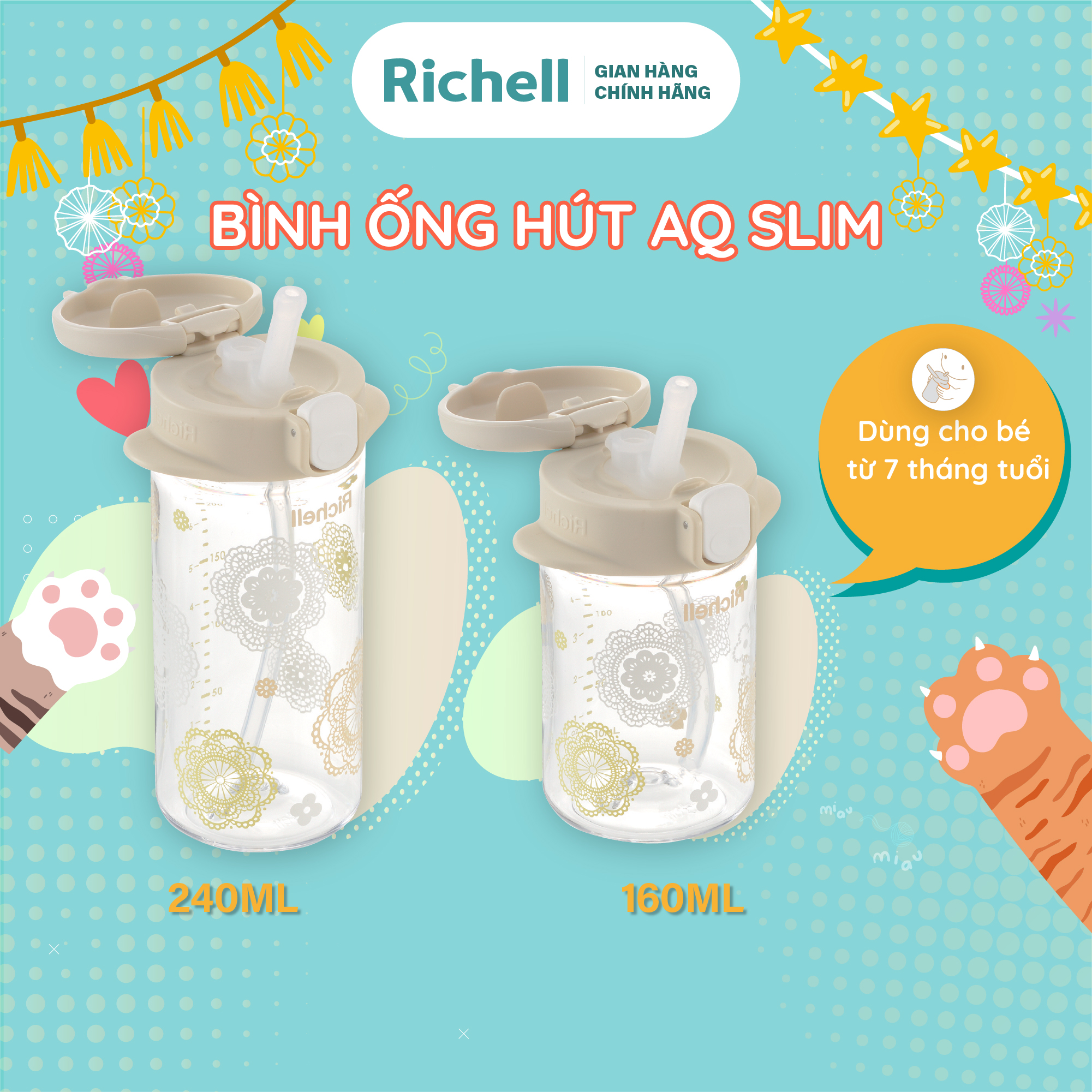 Bình ống hút richell richell aq slim | baby