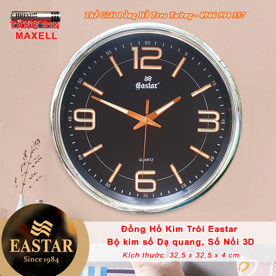 Đồng Hồ Treo Tường Cao Cấp EASTAR có DẠ QUANG - Chữ Số Nổi 3D - Máy Kim Trôi NHẬT - Tặng Pin MAXELL