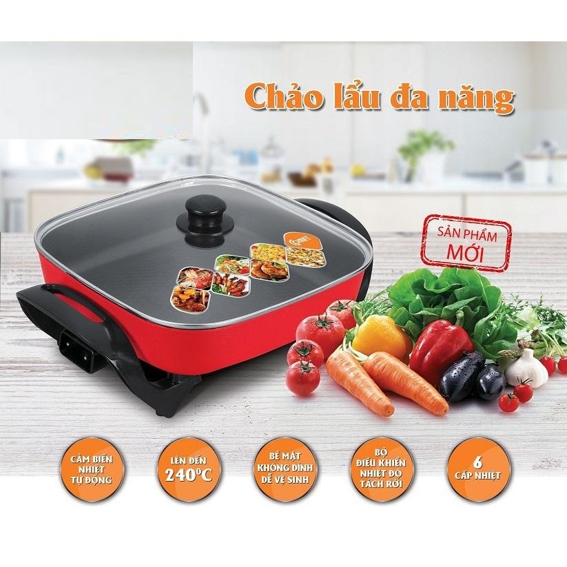 NỒI LẨU ĐIỆN VUÔNG LỚN THÁI LAN 30X30X9CM Tích hợp 2 chức năng lẩu – nướng tiện lợi Nồi lẩu dày dặn, giữ nhiệt tốt, thức ăn chín nhanh giúp sản phẩm có độ bền cao Thân đáy dầy dặn, giữ nhiệt tot