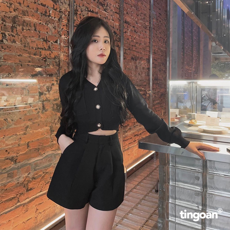 Tingoan® - quần short cạp cao chiết ly eo đen jocie short/bl/fs
