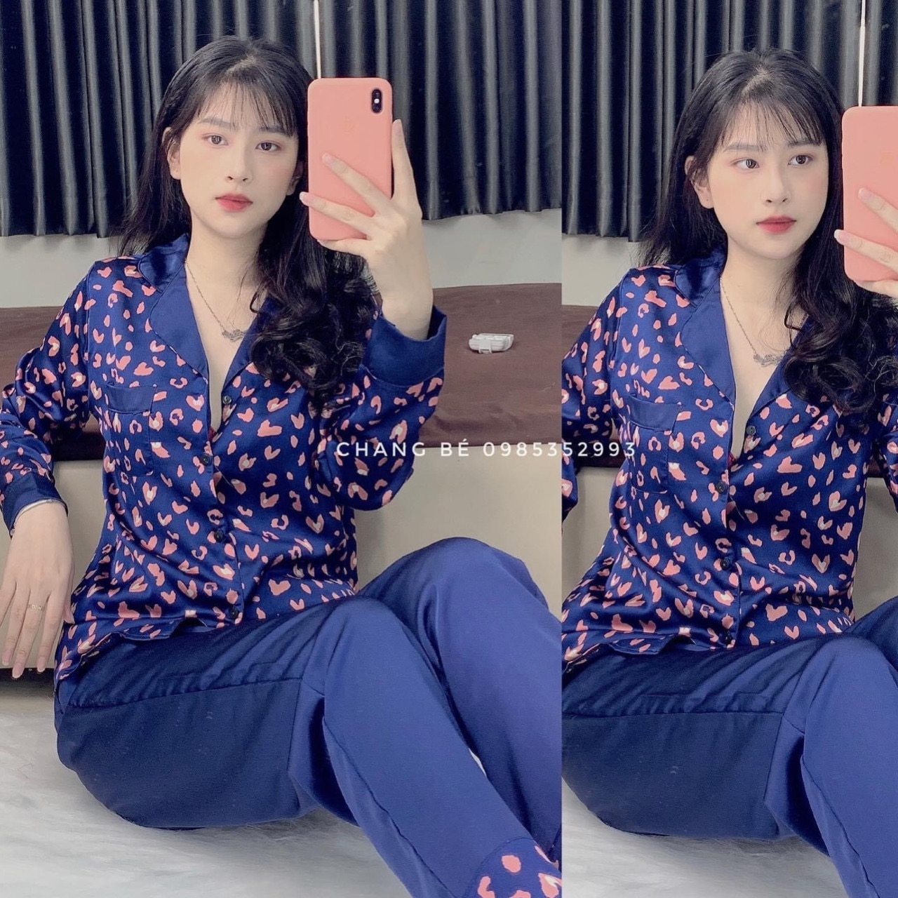 Đồ bộ lụa satin họa tiết beo