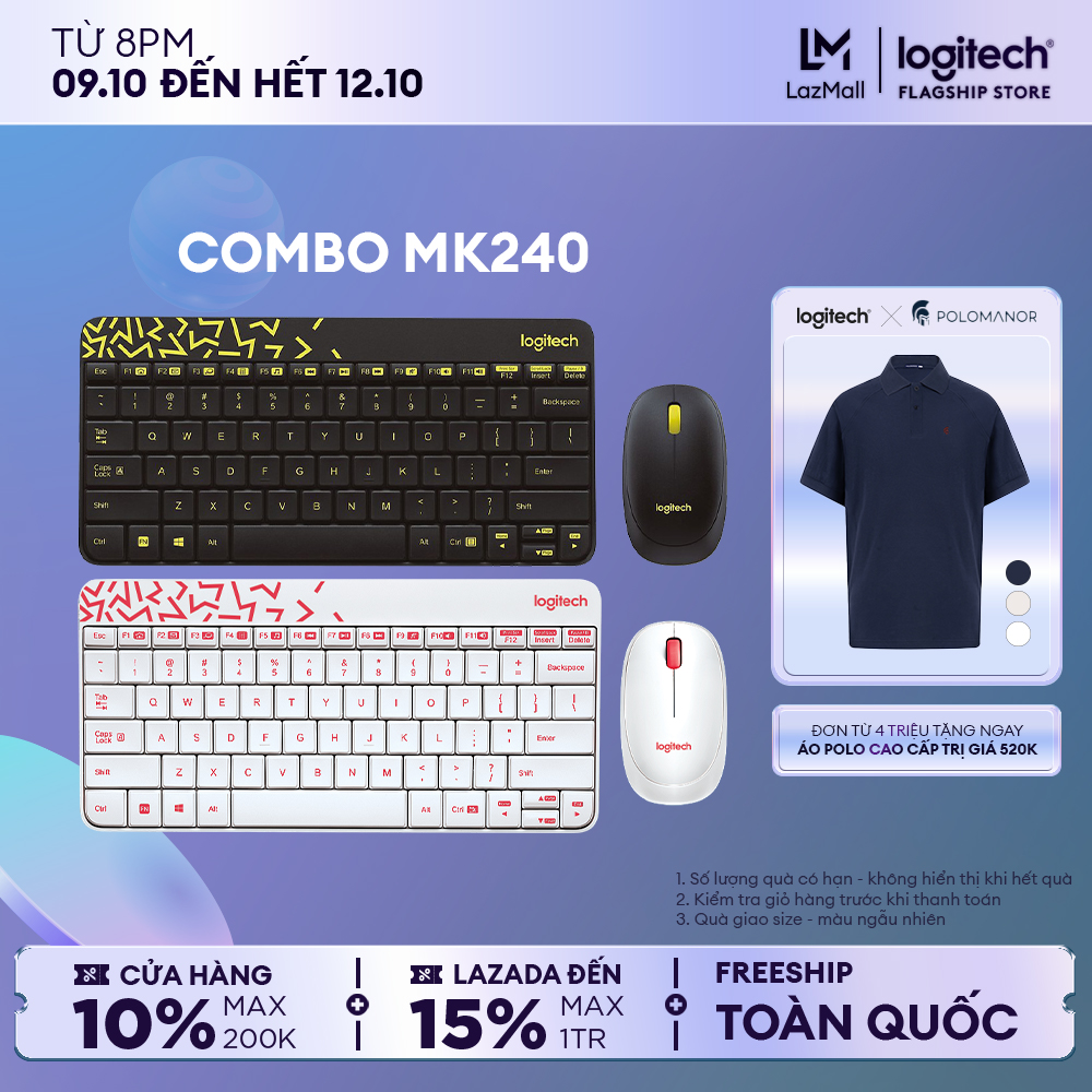 Combo chuột phím không dây Logitech MK240 - nhỏ gọn, 1 đầu thu USB, không dây 10m, pin lâu vượt trội