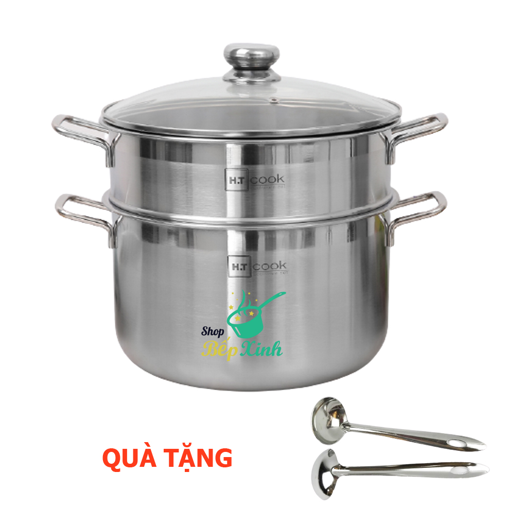 Bộ nồi xửng hấp HT Cook inox 430 ,  1 đáy , nắp kính , tương thích mọi bếp như bếp từ , hồng ngoại tặng 1 muỗng canh ( 28cm / 30cm)