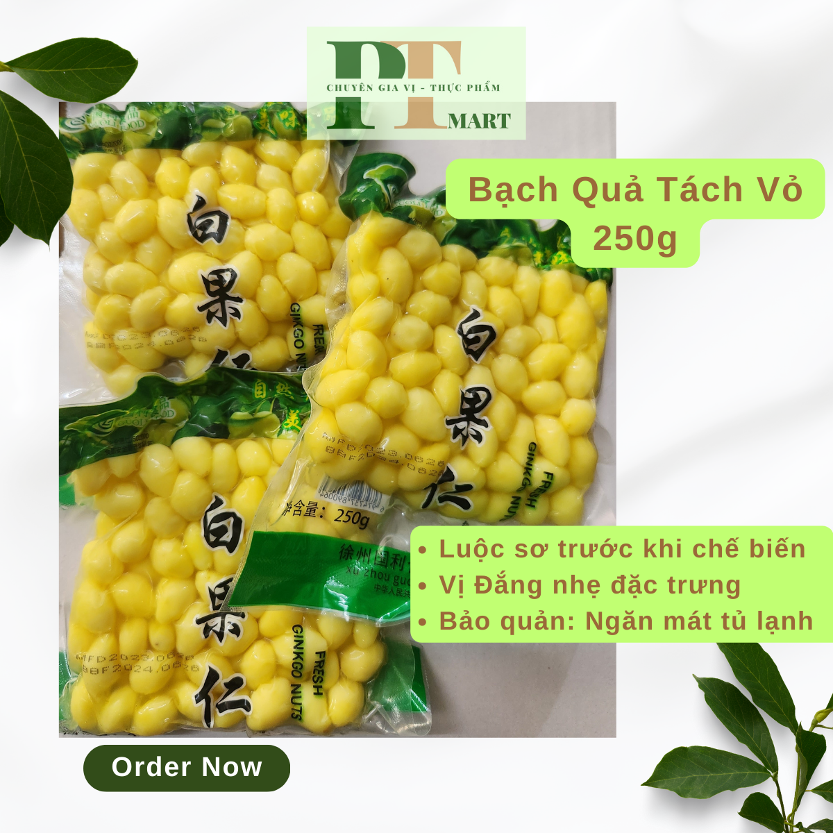 Hạt bạch quả tươi tách vỏ ép chân không 250gr Tiện dụng: nấu chè, hầm canh, xào chay