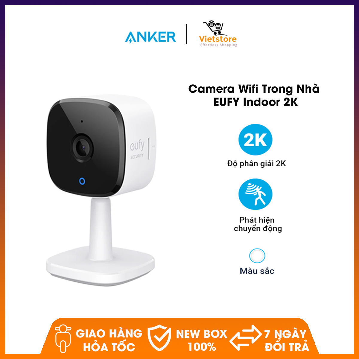 Camera Wifi trong nhà Eufy Indoor 2k - T8400 - Công nghệ AI, hoạt động cả ngày lẫn đêm, theo dõi chuyển động, cảnh báo tức thì thông qua điện thoại