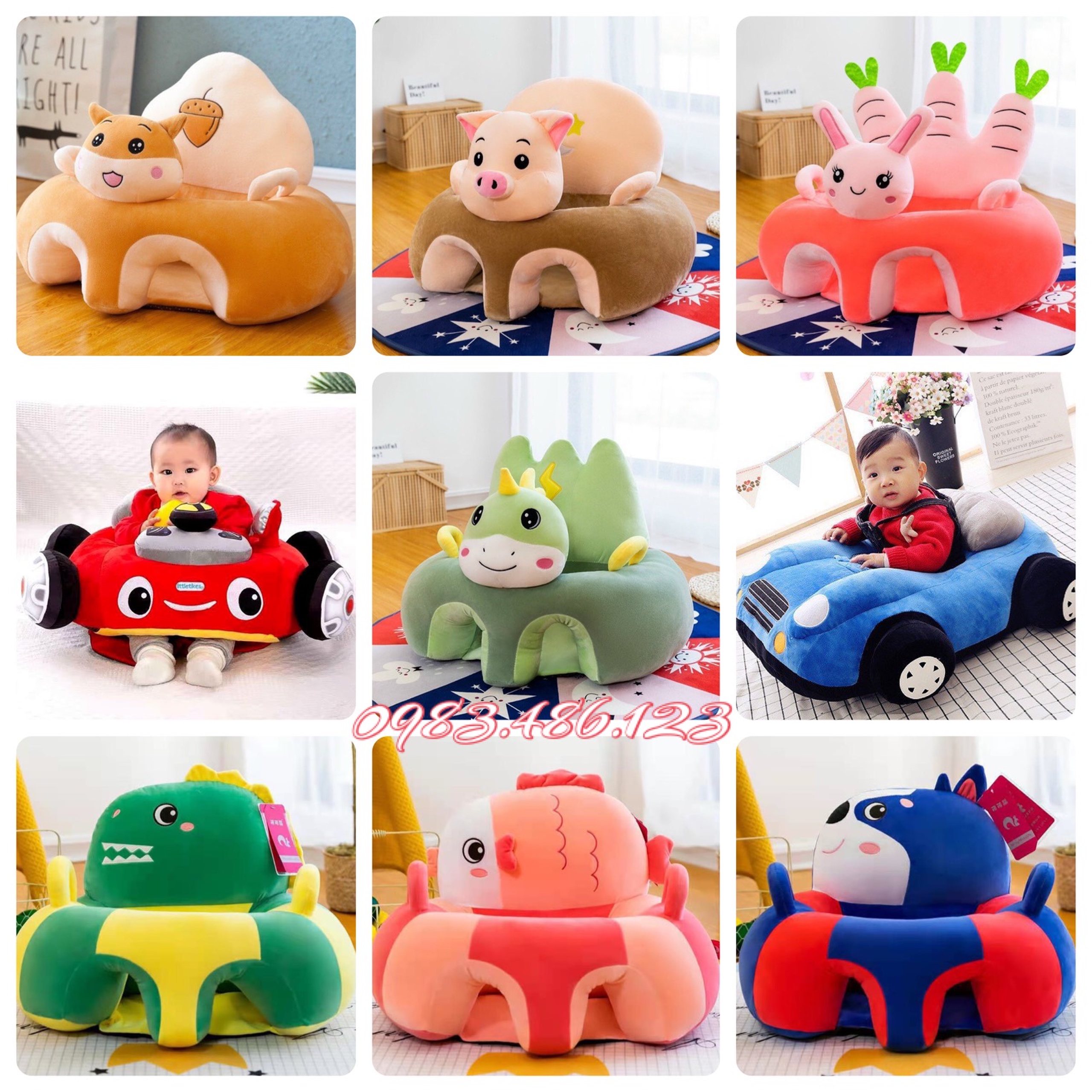 Ghế tập ngồi, ăn dặm hình thú nhồi bông cho bé, trẻ em sơ sinh cao cấp siêu cute nhiều màu được chọn mẫu (có bông sẵn)