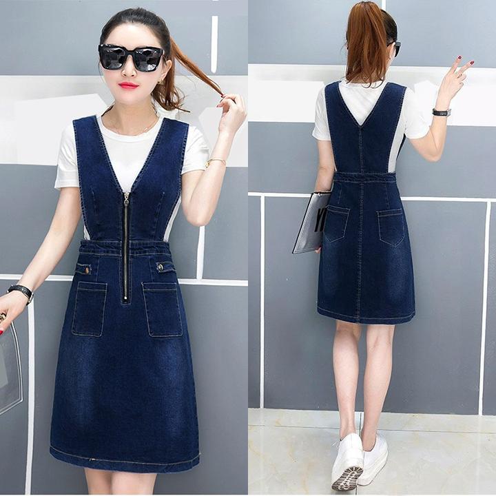 Đầm yếm jean nữ dây kéo ngực duyên dáng