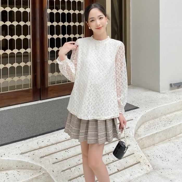 Medyla - áo bầu công sở 2 lớp ren lót lụa cho bầu đi làm đi chơi cực xinh - asm141