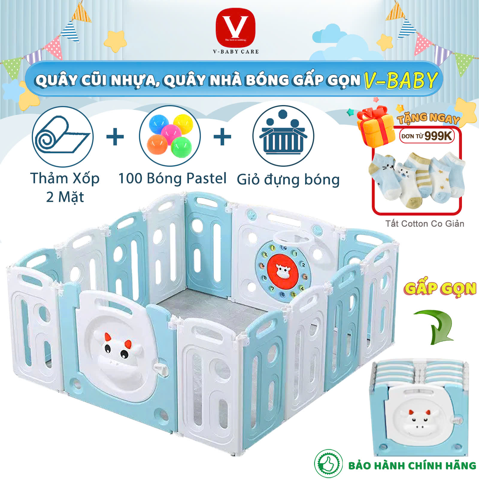 Quây Cũi Nhựa Gấp Gọn V-BABY 2025 (Tặng 100 Bóng + 1 Thảm Hai Mặt + Giỏ Đựng Bóng)