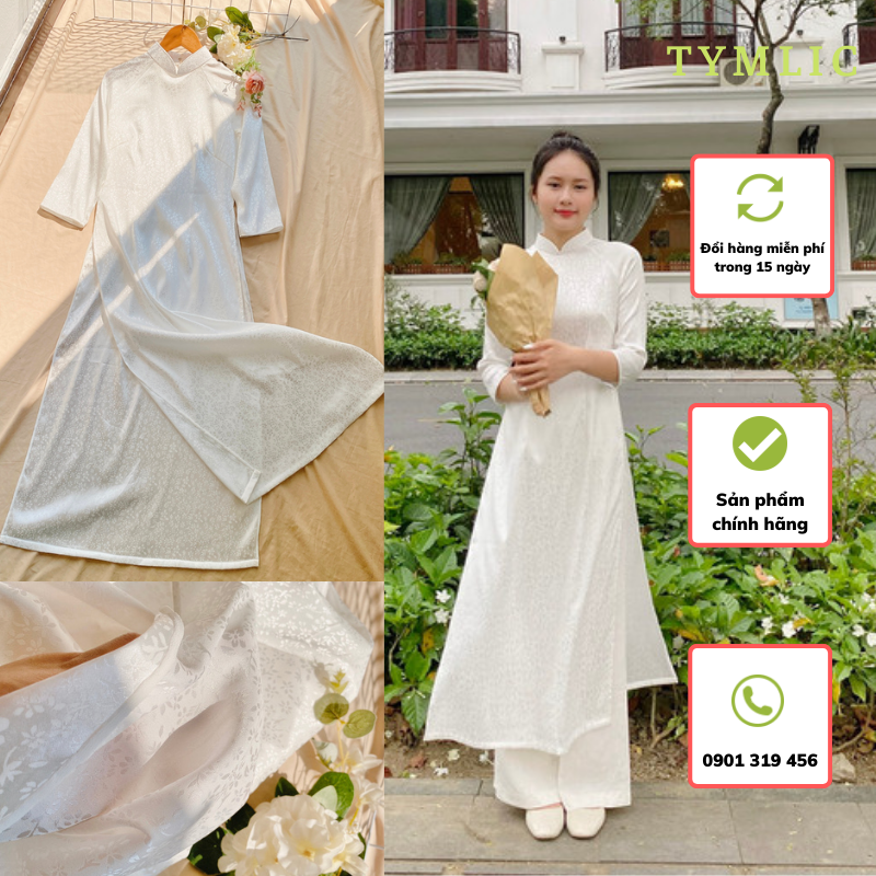 Áo dài lụa gấm hoa nhí màu trắng tymlic